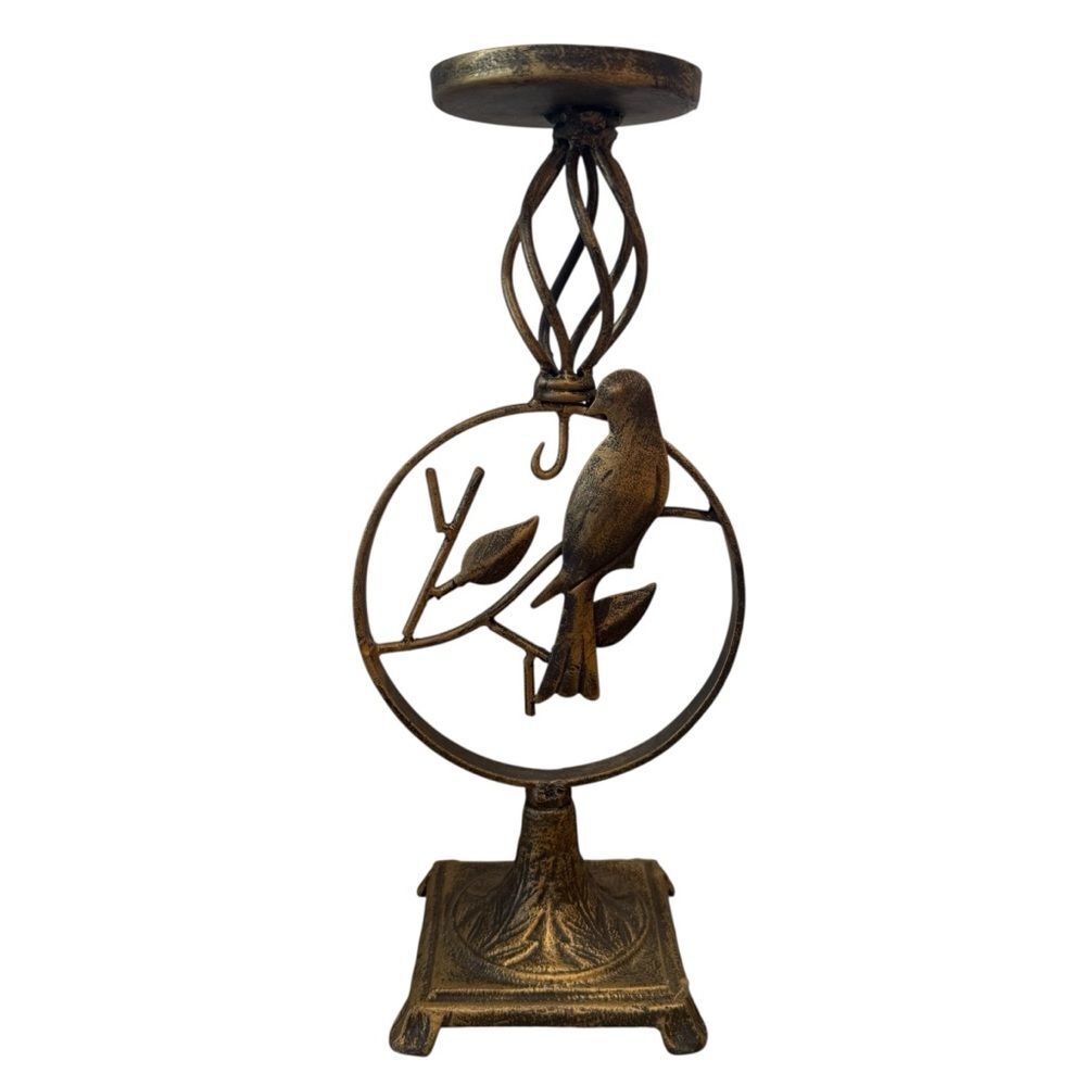 Bird & Leaf Design Brass Tone Finish Metal Candle Holder